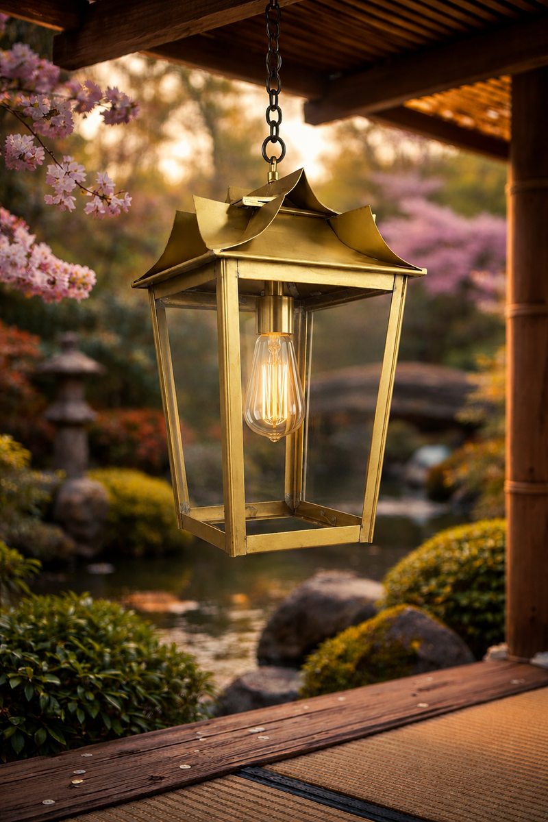Lanterne 4/4 en laiton suspendue, ampoule allumée, jardin au coucher du soleil