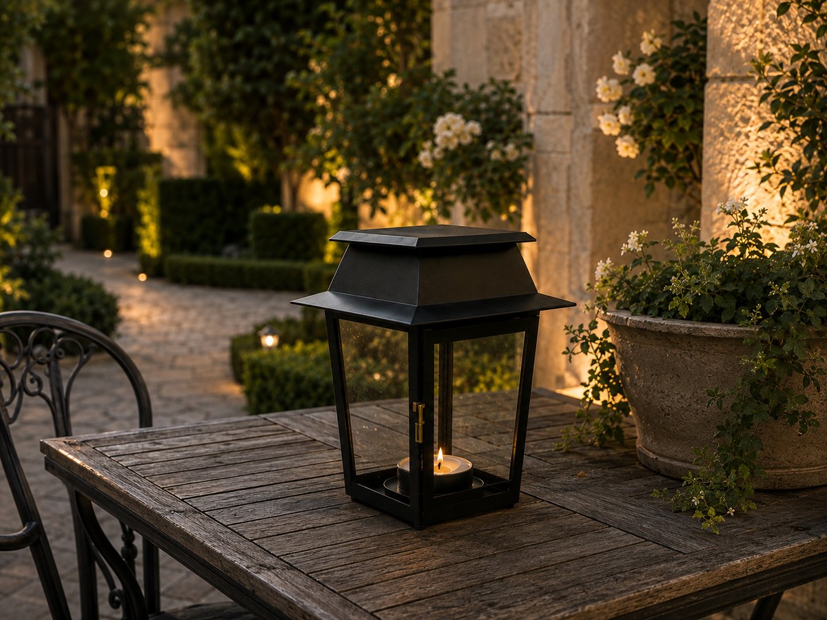 Lanterne noire posée sur une table en bois, bougie allumée, terrasse au crépuscule
