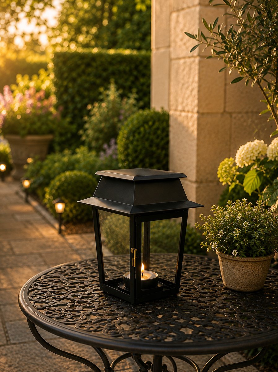 Lanterne noire posée sur une table de jardin en fer forgé, bougie allumée