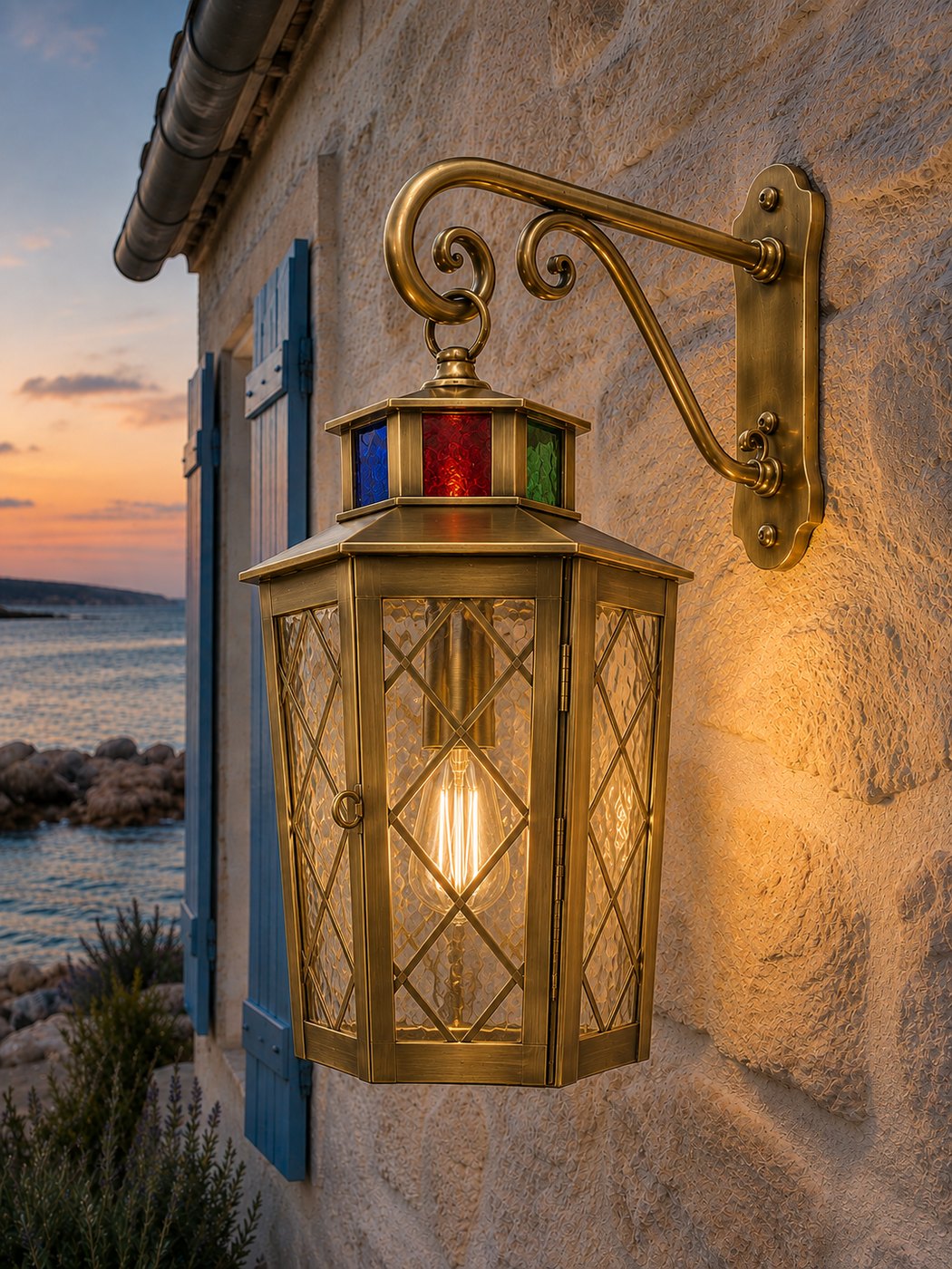 Lanterne murale en laiton sur potence à volutes, vitraux colorés, façade en bord de mer au crépuscule
