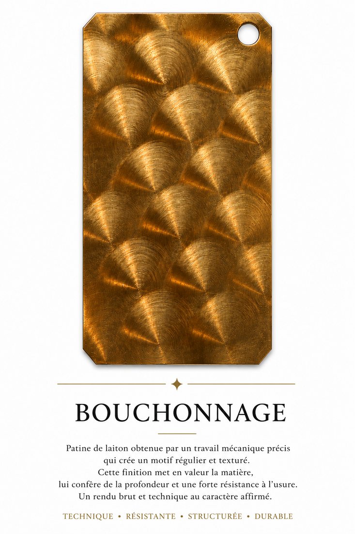 Échantillon de patine Bouchonnage, patine laiton — Un motif régulier et texturé, au rendu brut et technique.