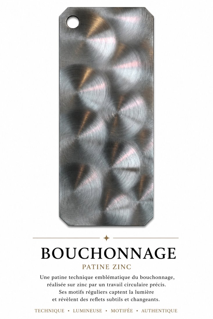 Échantillon de patine Bouchonnage, patine zinc — Un travail circulaire précis, aux reflets subtils et changeants.
