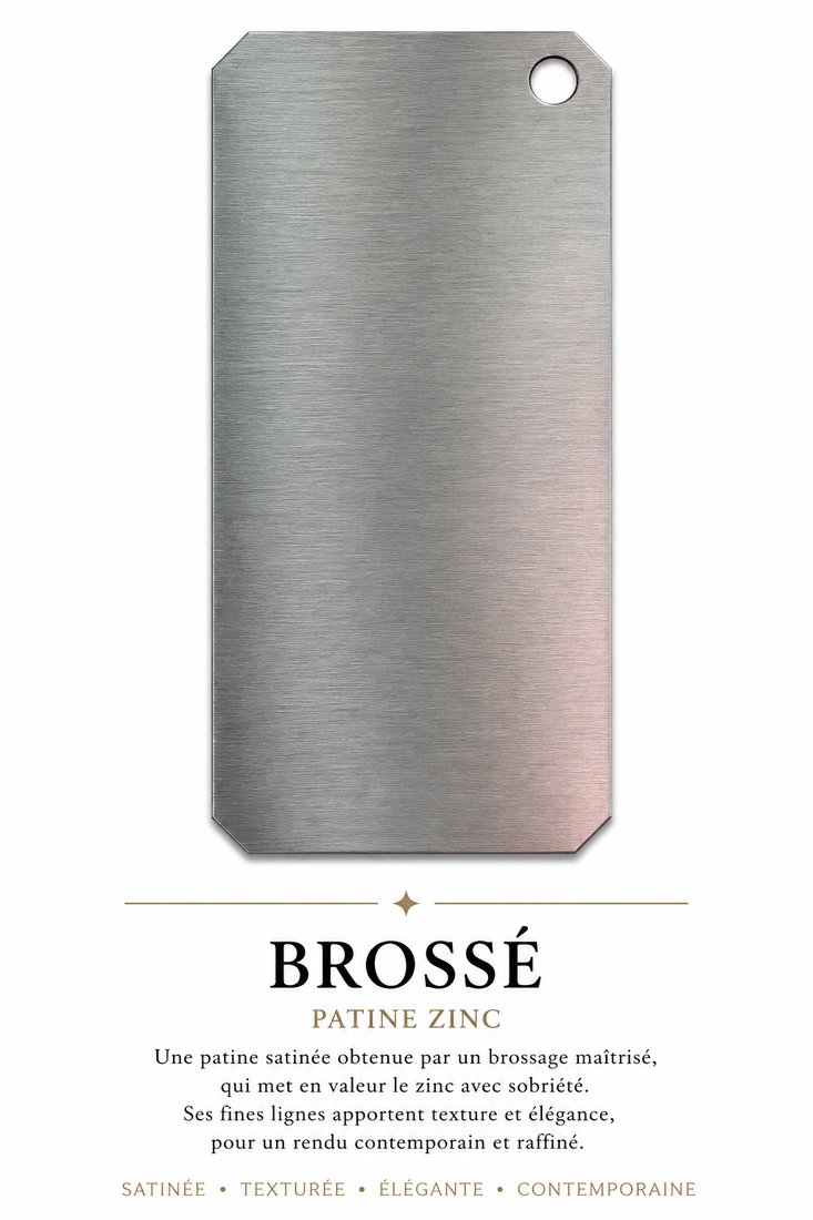 Échantillon de patine Brossé, patine zinc — Un brossage maîtrisé qui met le zinc en valeur avec sobriété.