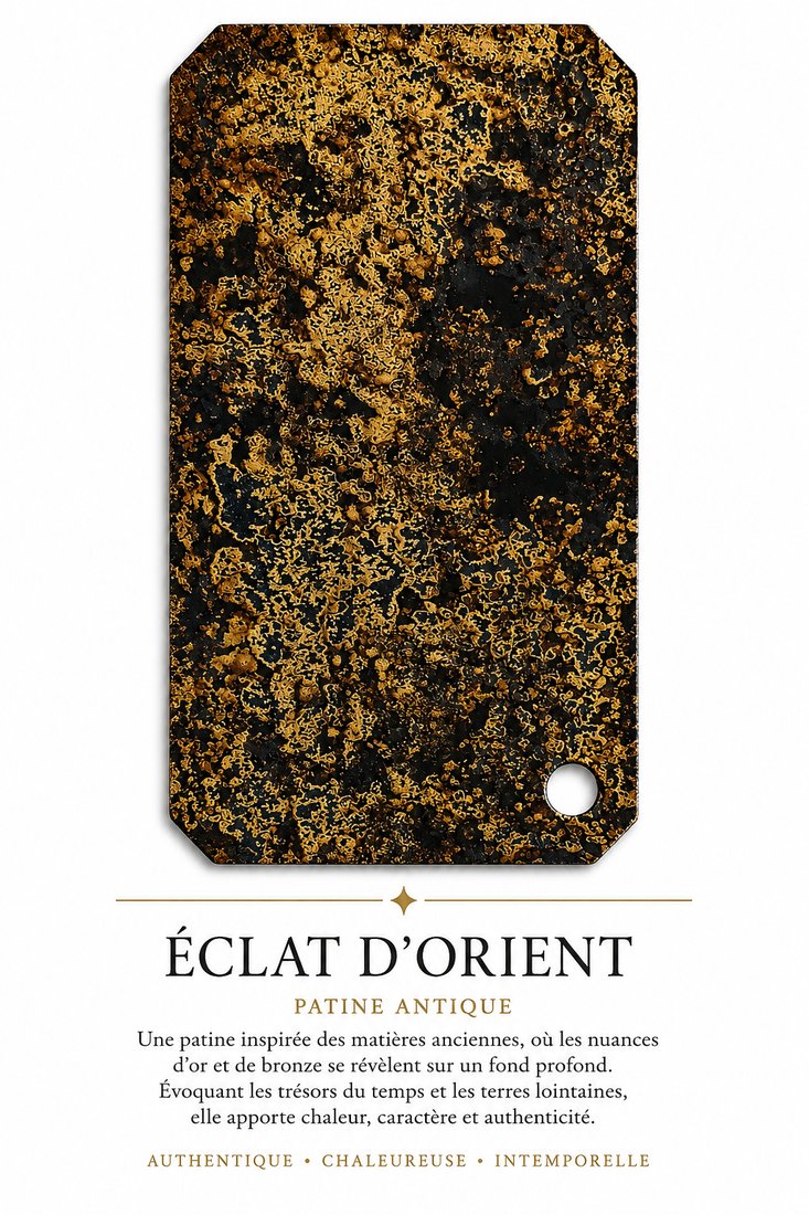 Échantillon de patine Éclat d'Orient, patine antique — Nuances d'or et de bronze sur un fond profond, chaleureuse et intemporelle.
