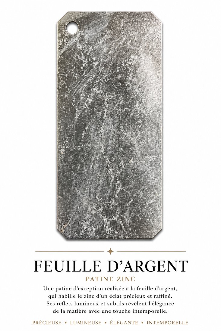 Échantillon de patine Feuille d'Argent, patine zinc — Une finition précieuse à la feuille d'argent, à l'éclat raffiné.