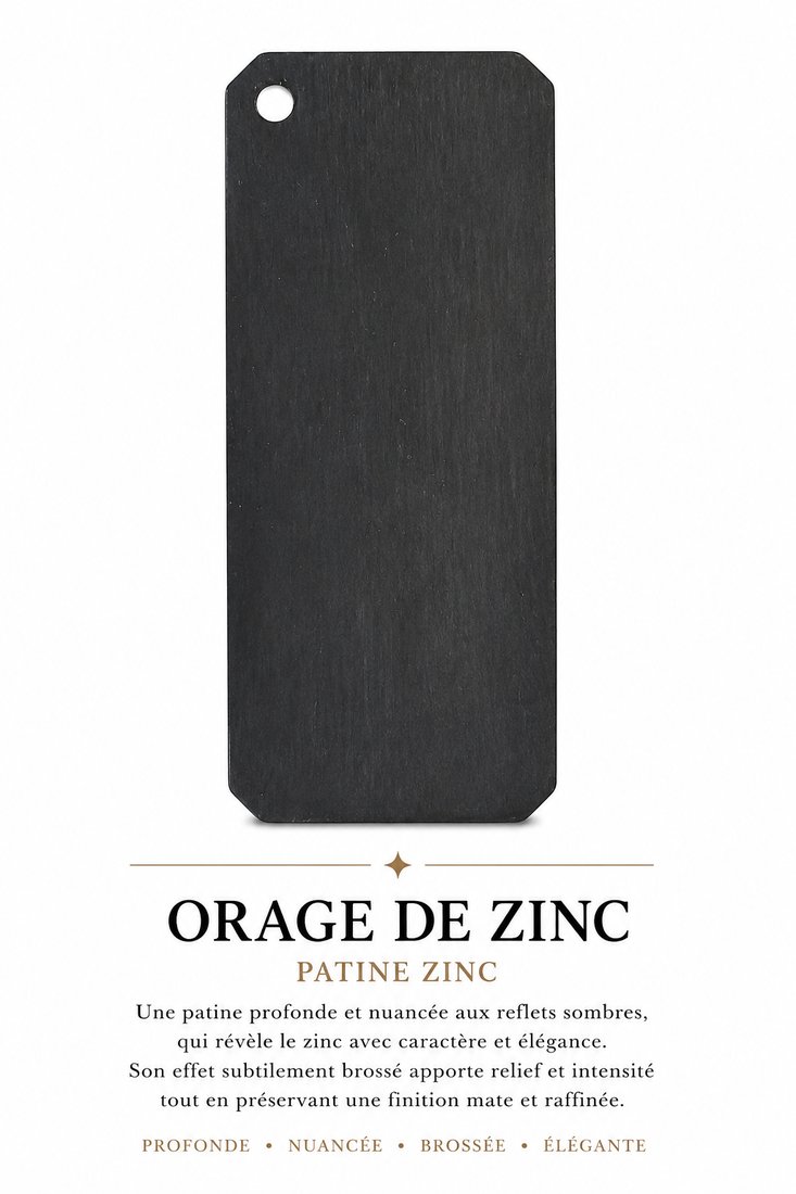 Échantillon de patine Orage de Zinc, patine zinc — Une patine profonde aux reflets sombres, subtilement brossée.
