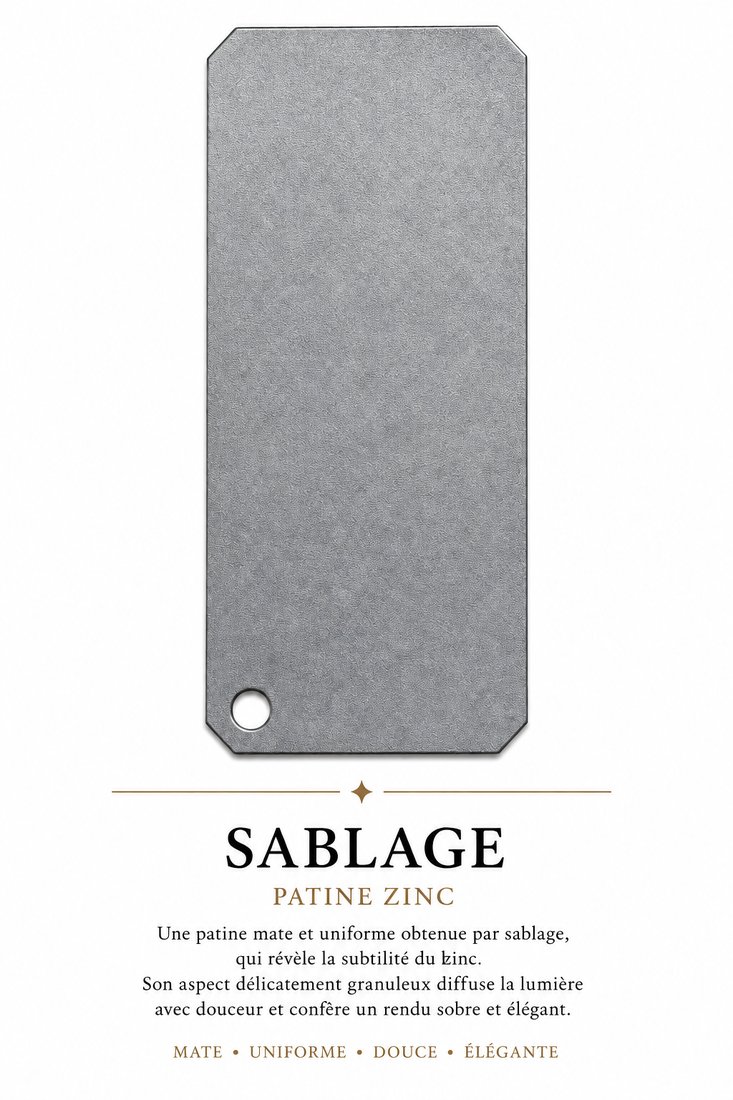 Échantillon de patine Sablage, patine zinc — Une patine mate et uniforme, à l'aspect délicatement granuleux.