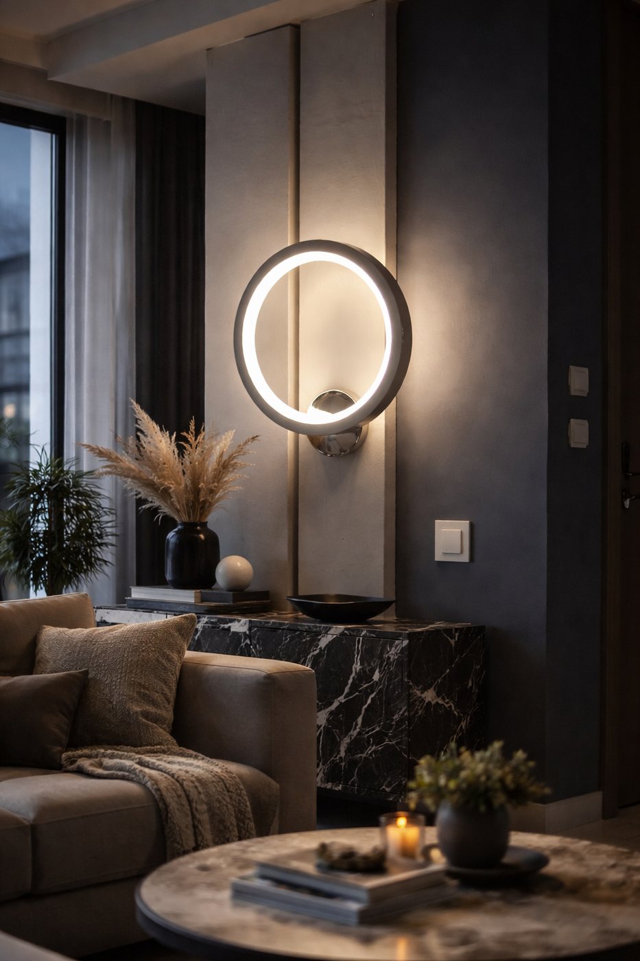 Applique contemporaine circulaire lumineuse dans un salon aux tons sombres et élégants